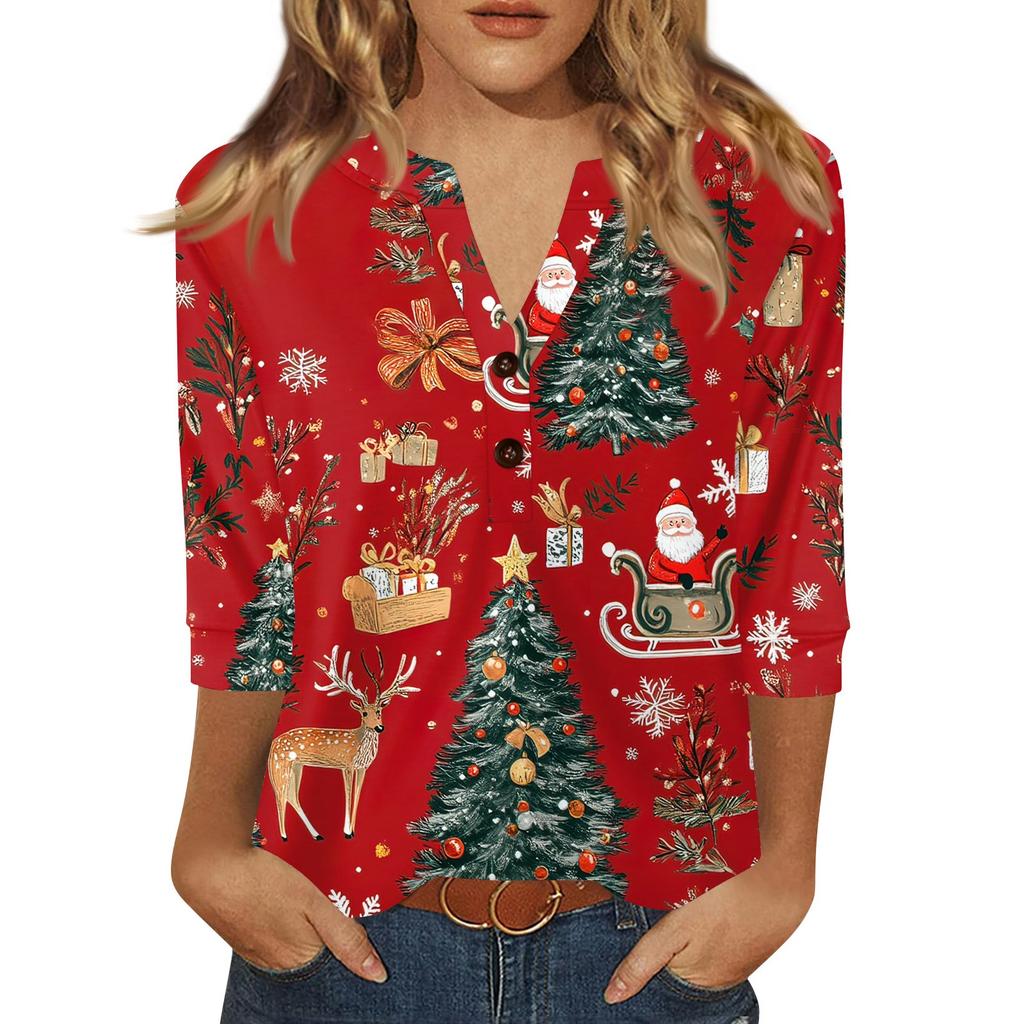 Women's T Shirt Christmas Print Button 3/4 Sleeve Daily Weekend Fashion Basic V- Neck Regular Top