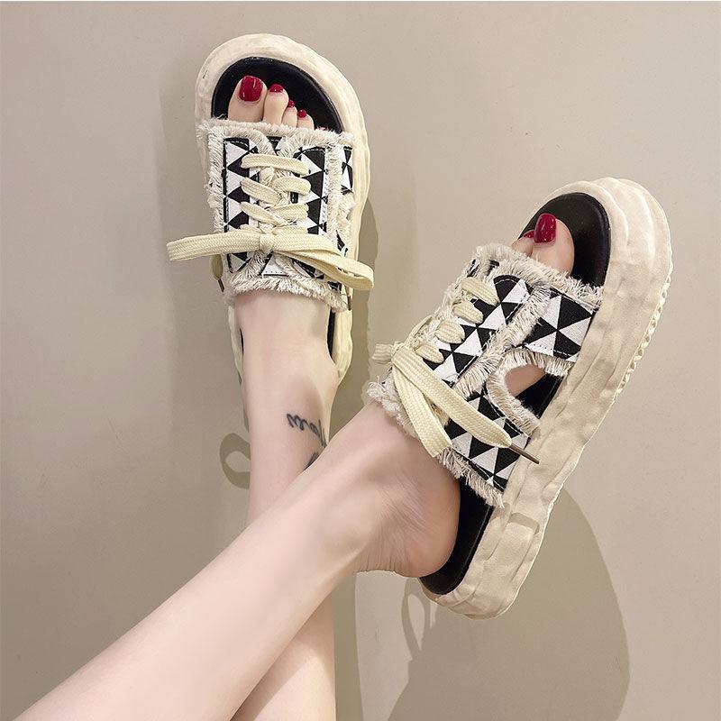 Xiaoxiangfeng Lace-up Slippers for Women In the Summer of 2025, New Models for Outer Wear, Fashionable and Versatile Thick-bottomed Non-slip Casual Co