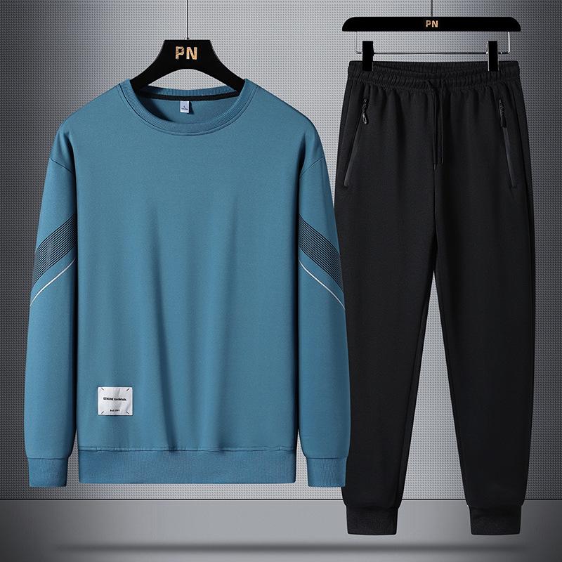 Men's 2024 Spring/Autumn Casual Sports Suit: Round Neck Sweatshirt Set with Plus Velvet