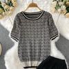 Summer Women Designer Print Knitted Sweater Trouser Two Piece Set Short Sleeve Pullover Tops and Wide Leg Pleated Pant Set