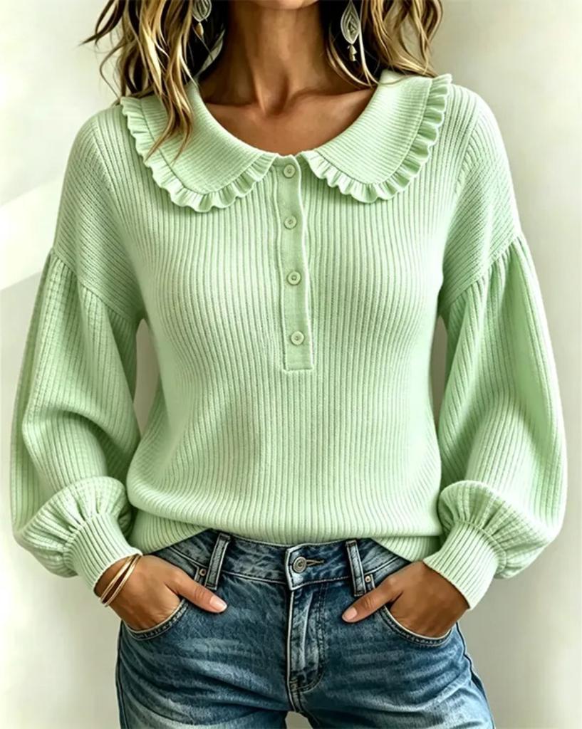 Women S Long Sleeve Pullover Ribbed Knit Top Round Neck Ruffled Trim Fall Winter
