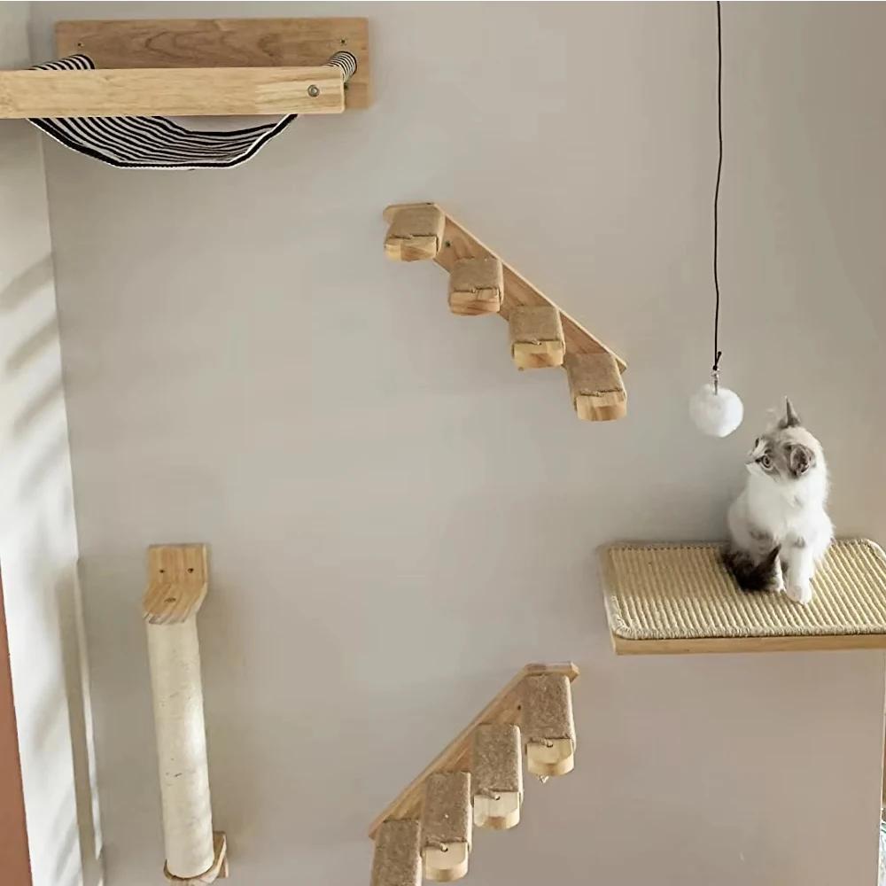 Wooden Cat Climbing Frame Wall Style Jumping Platform Wall Mounted Cat Furniture Hanging On The Wall Cat Steps Climbing Toys