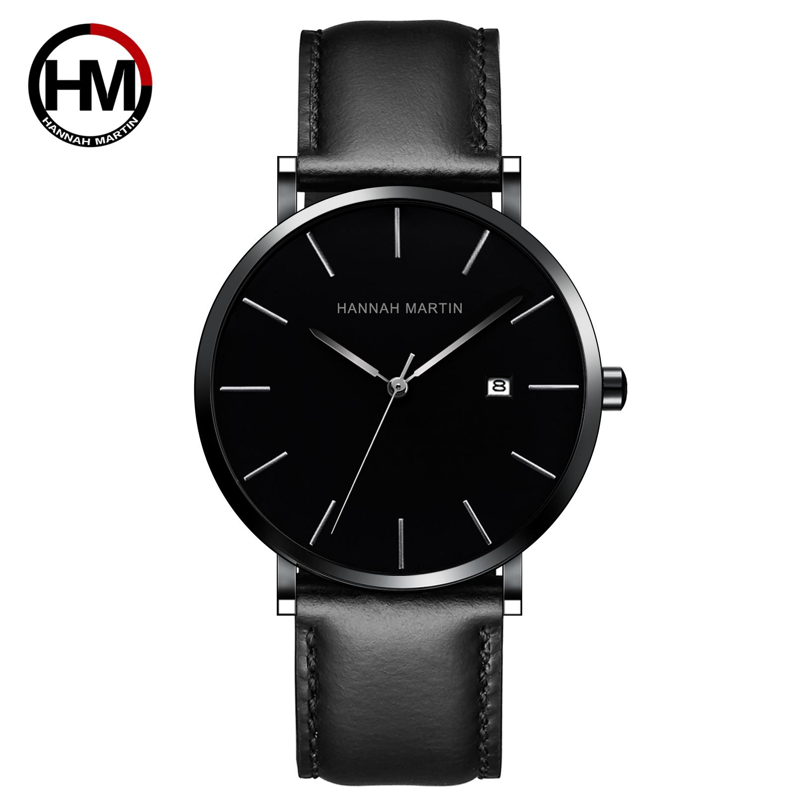 Hannah Martin Customized logo Minimalist Alloy Case 3Bar Waterproof 40mm Round Dial Leather Strap Calendar Wrist Watch for Man HM-151P