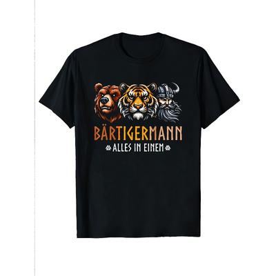 European Sizes A Black T-Shirt Showcasing a Bear, a Tiger, And a Viking for Man, Ideal for Relaxed Attire