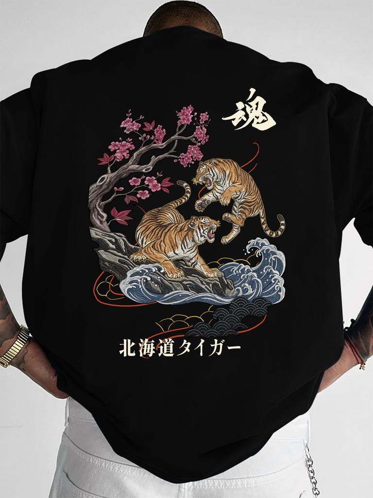 Unisexs Oversized Tshirt Traditional Ukiyoe Two Tigers Sakura Oriental Graphic Print Polyester Casual Outdoor Sxxl