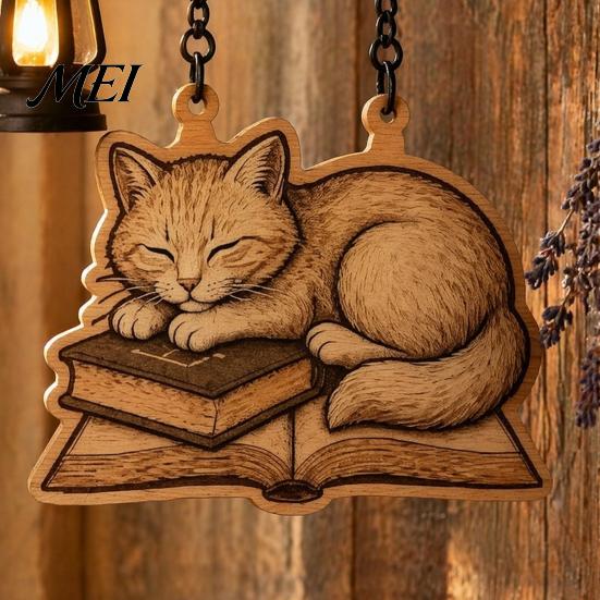 Gift for Readers And Cat Fans Vintage Bookshelf Light with Sleeping On Book Design, Retro Lantern Bookworm Office Accessory Lamp Reading, Decorative