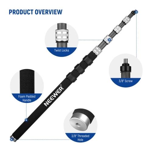 Neewer Upgraded Microphone Boom Pole, 9.8ft/300cm Telescopic Carbon Fiber Microphone Boom Arm with 5 Sections, 1/4", 3/8", and 5/8" Screw Adapters, Ca
