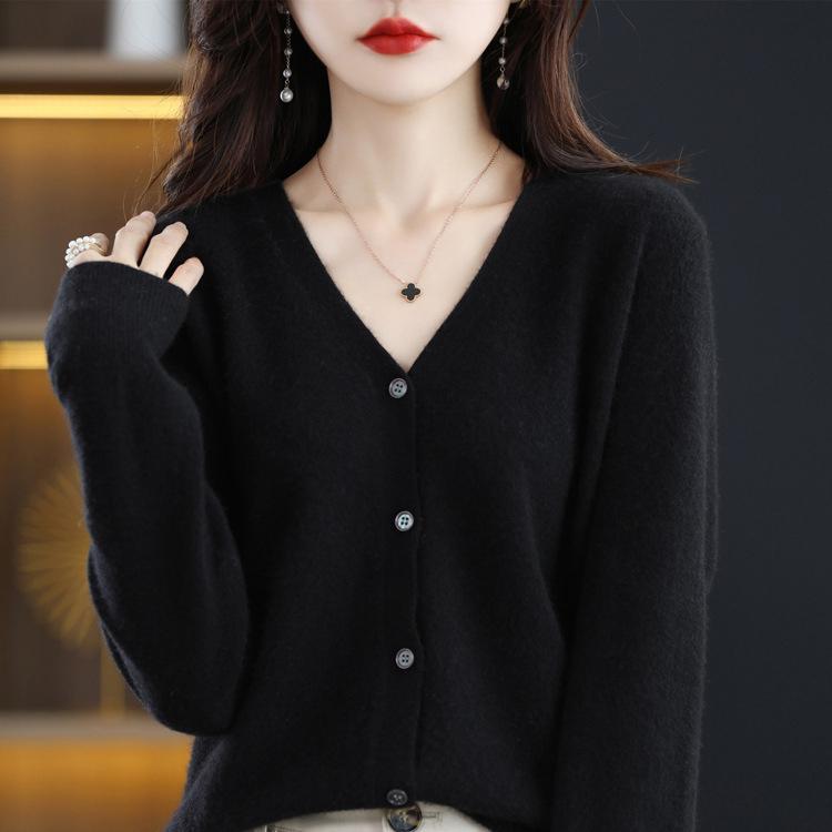 Palton cardigan tricotat din lână, cu decolteu în V, de toamnă și iarnă, de culoare solidă