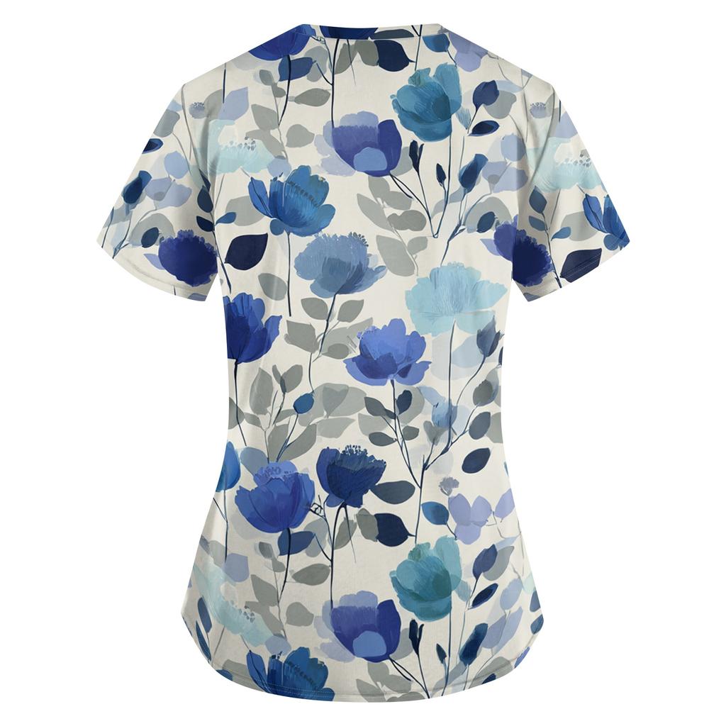 Women's Floral Print Loose Fit V Neck Short Sleeve Medical Scrub Top with Pockets for Healthcare Professionals Lightweight Breathable Fabric