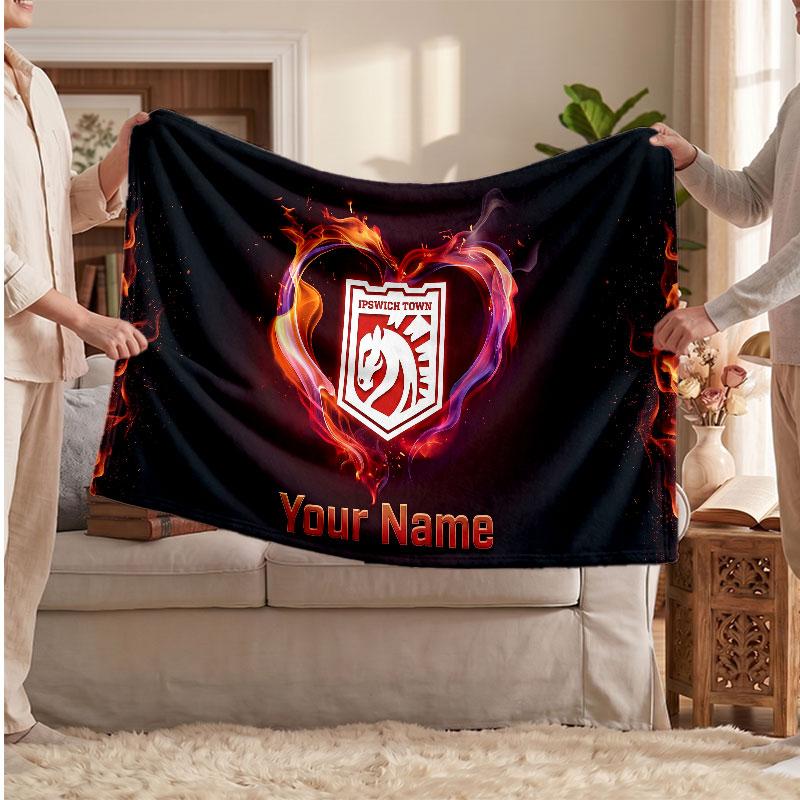 Ipswich Town Personalized Fleece Blanket With Football Logo, Custom Name Text Soft Warm Home Throw Blanket