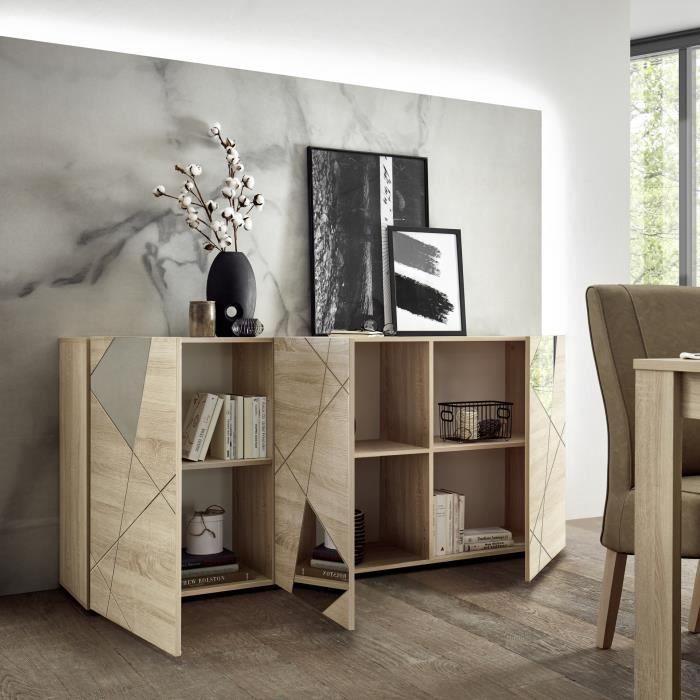 Buffet VICTORY - Décor Chêne Sonoma - 3 Portes - Miroir - L 181 x P 42 x H 84 cm