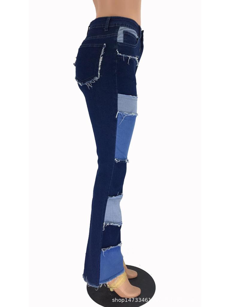 2025 Autumn Color Block Patchwork High Waist Flared Women's Denim Pants