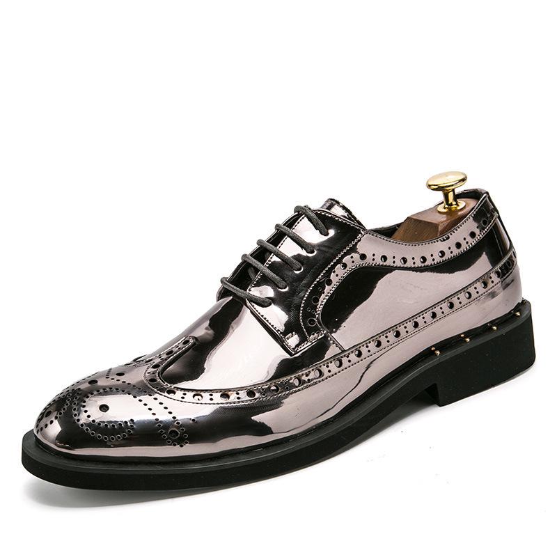 Korean Style Shiny Gold Brogue Derby Shoes - Plus Size, Fashionable Nightclub Leather Lace-Ups