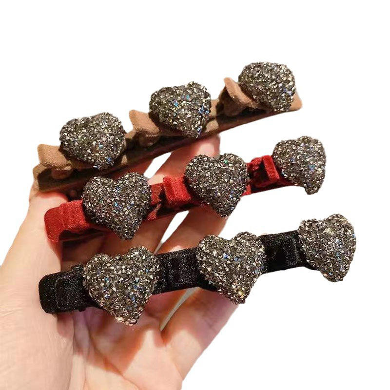Double Layer Flocked Bangs Side Clip Crystal Love Heart Hair Braiding Hairpins Women Girls Clip Bangs Barrettes Hair Accessories Forehead Bangs Clip