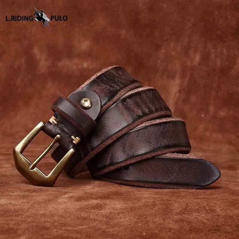 Thickened Genuine Leather Top Layer Cowhide Belt Men's Copper Buckle Rough Edge Fur Bottom Retro Washed Belt