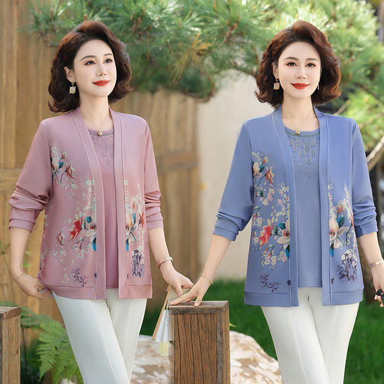 Chic Floral Embroidery Cardigan Set for Middle-Aged & Elderly Women - Spring/Summer Collection