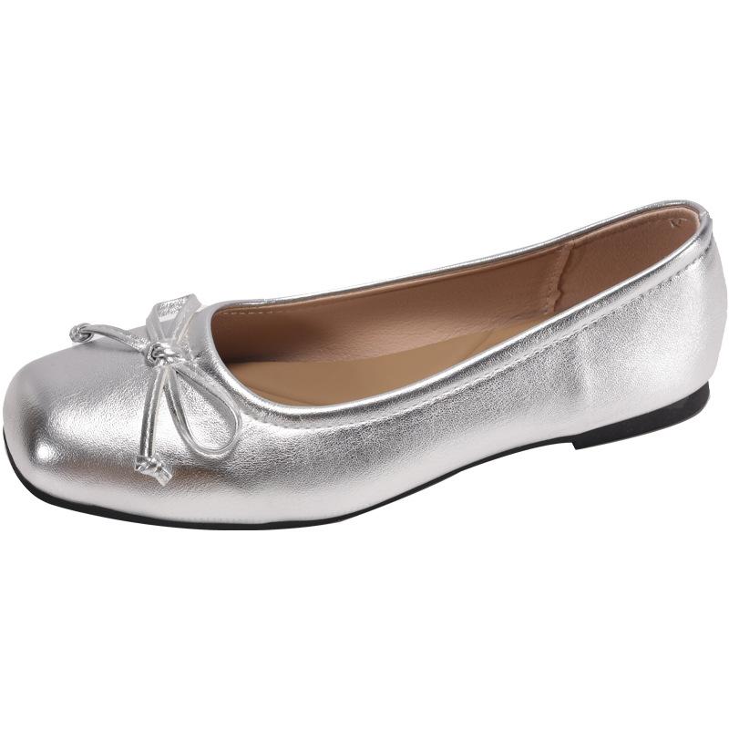 Women's square head bow single shoes 2025 spring and summer new French flat silver laden shoes light mouth bow women's shoes