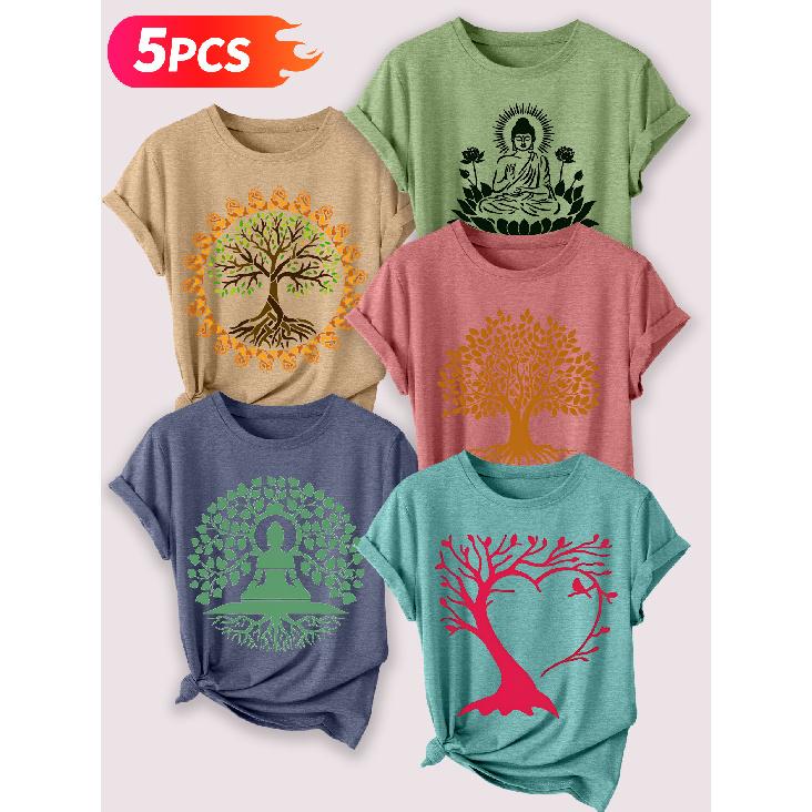 Zen-inspirierter Baum des Lebens Lotus Meditation Künstlerischer Druck Fünfteiliges Set von kurzärmeligen Damenoberteilen Elegante Sommerparty-Outfits Wesentliche Mode