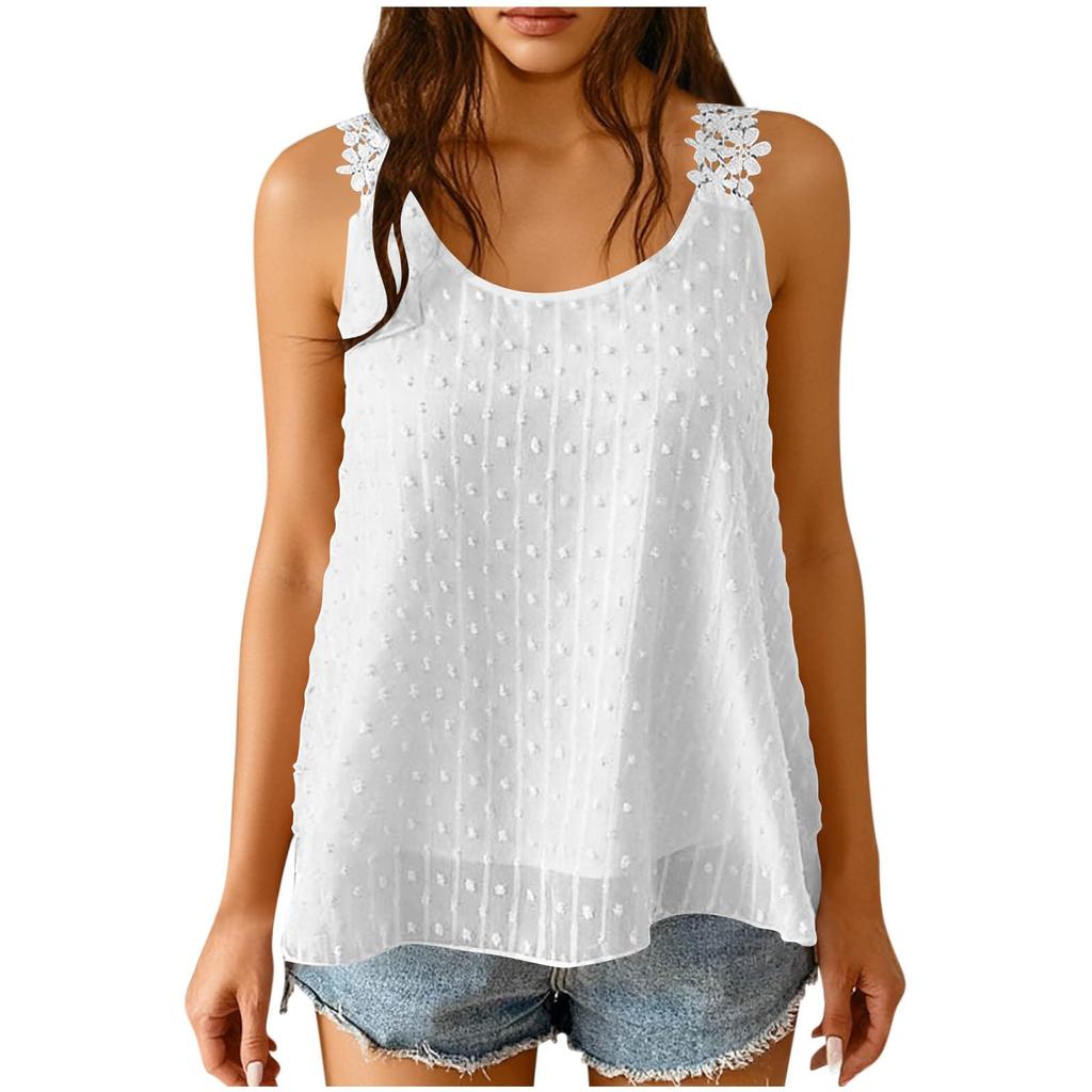 Women's Fashion Color Round Neck Summer Lace Lace Lace Sleeveless Loose Tank Top