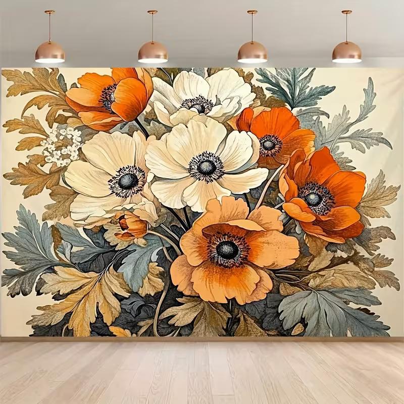2D Earthy Tone Floral Backdrop Vintage Anemone Bouquet Studio Photography Background 47.2x31.5inch/120*80cm