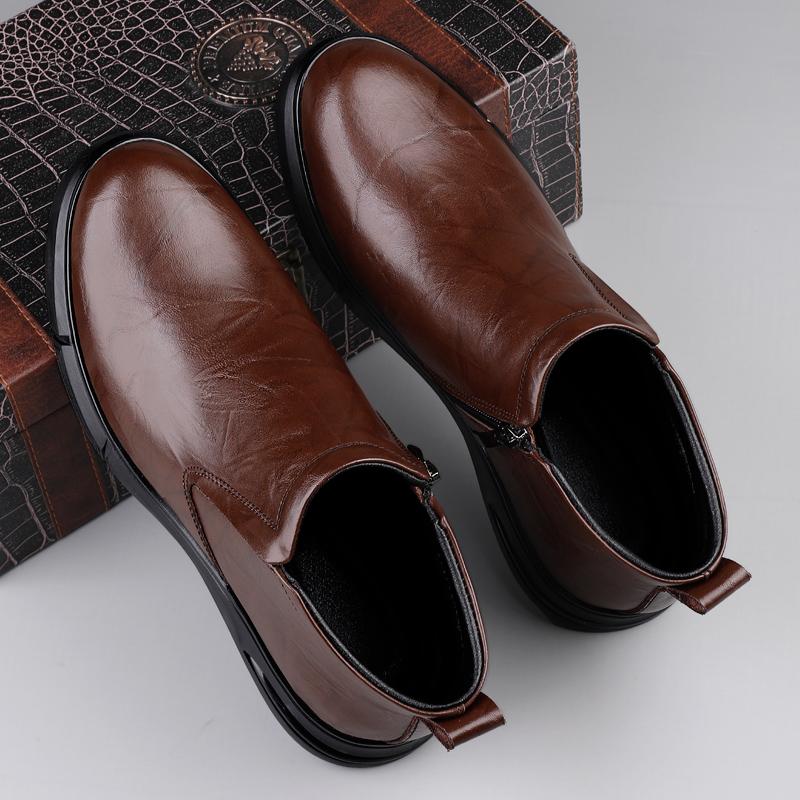 Classic Men Genuine Leather Ankle Boots Fashion Handmade Casual Walking Shoe Slip on Antiskid Driving Shoes Warm Plush Fur Boots