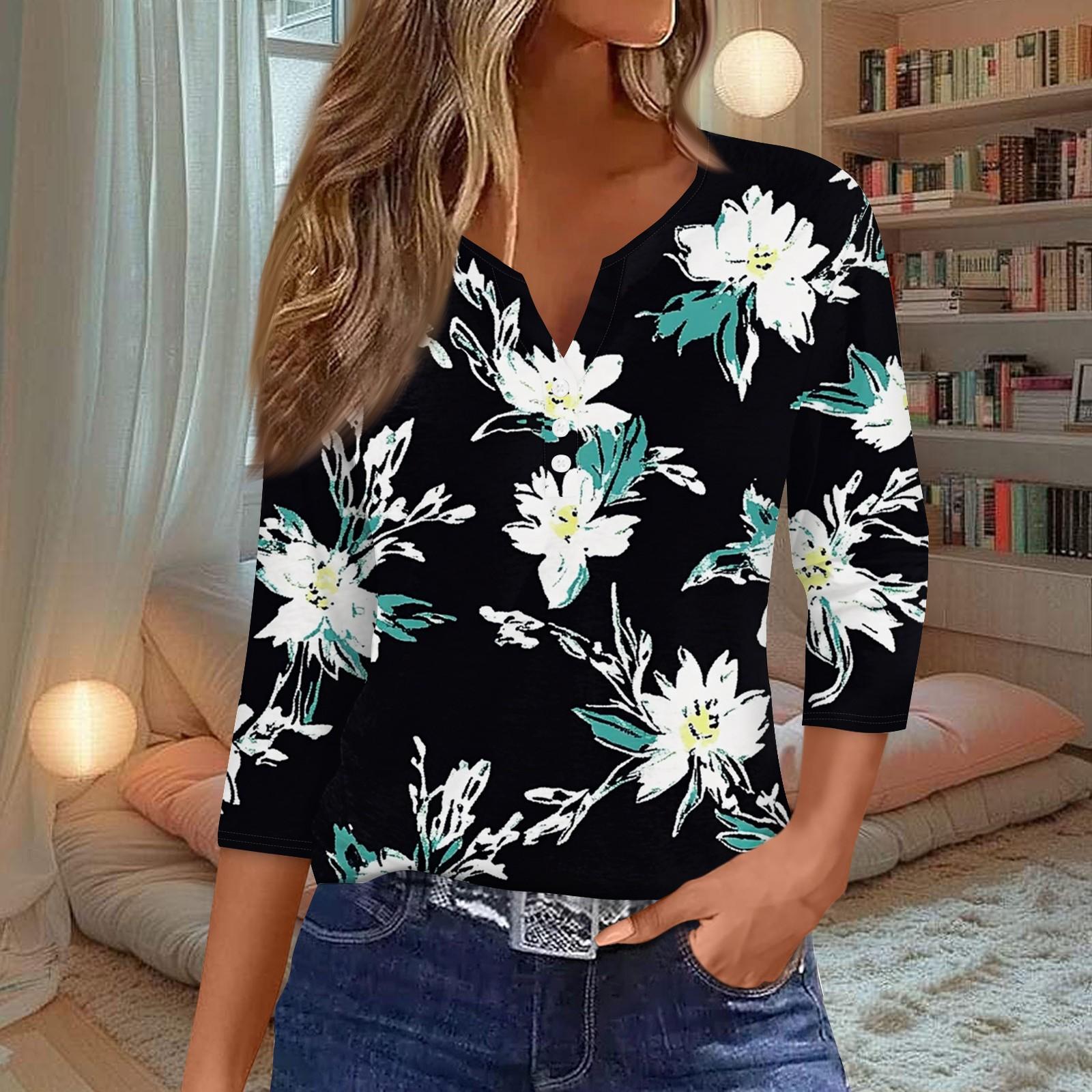 

Women s T Shirt Tee Print Button 3/4 Sleeve Daily Weekend Fashion Basic V Neck Regular Top L чёрный