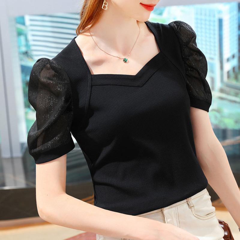 

Женская блузка из ледяного шелка с v-образным вырезом, рубашка больших размеров, свободные модные повседневные пышные пуловеры с короткими рукавами, топы