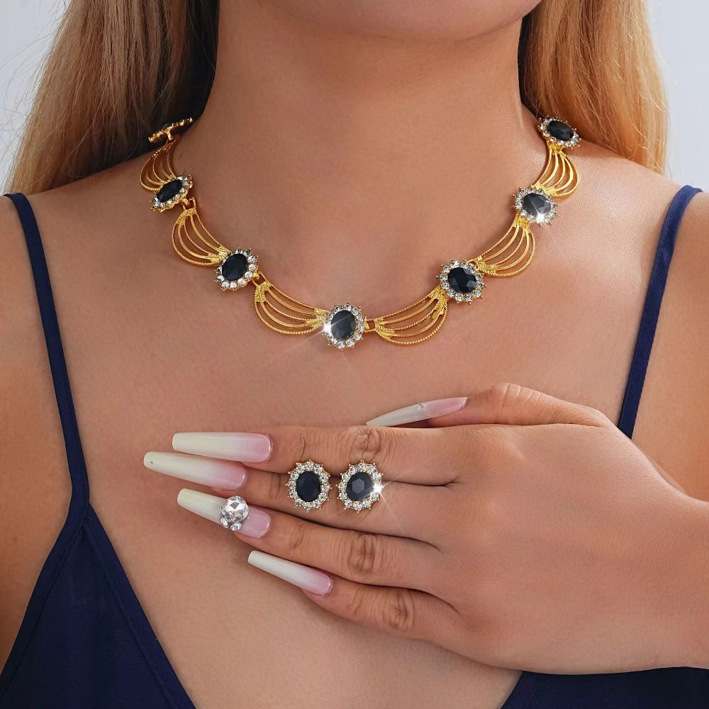 Retro Necklace Earrings Set Gold-Tone Statement Jewelry Set Gemstone Necklace Set Online Popular