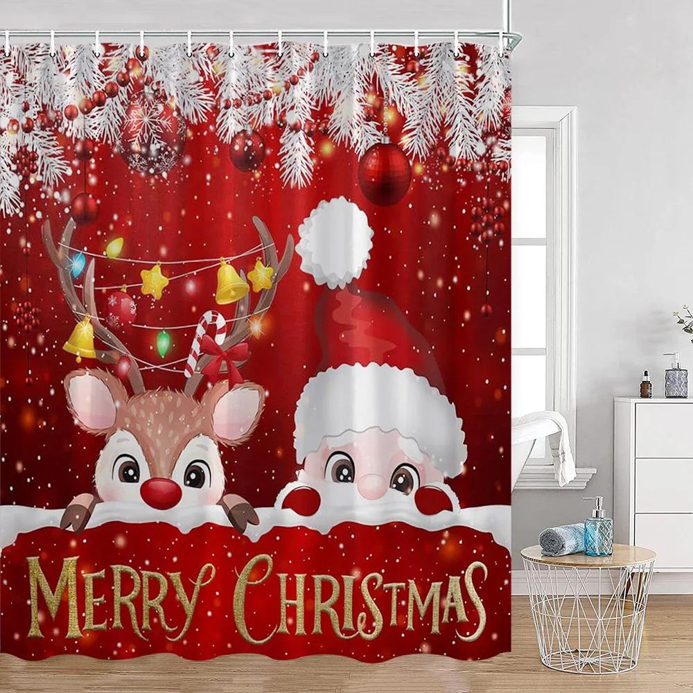 Santa Claus Christmas Red Shower Curtain Happy New Year Gifts Deer Bathroom Decor Winter Holiday Polyester Fabric Bath Curtain