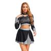 Womens Cheerleading Outfit Two Piece Long Sleeve Hollow Out Crop Top Skater Skirt Sparkle Rhinestone Apparel