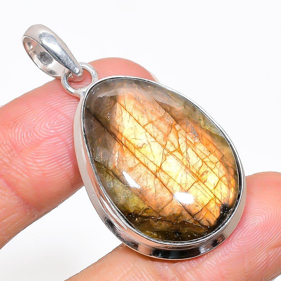 Natürlicher Labradorit Edelstein 925 Sterling Silber Schmuck Anhänger 1,77" AP-14015