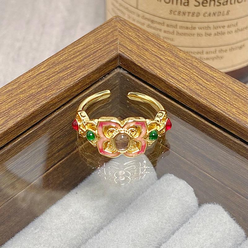 Medieval Vintage Colored Enamel Flower Butterfly Opening Ring Female Retro Niche High-End Light Luxury Ring