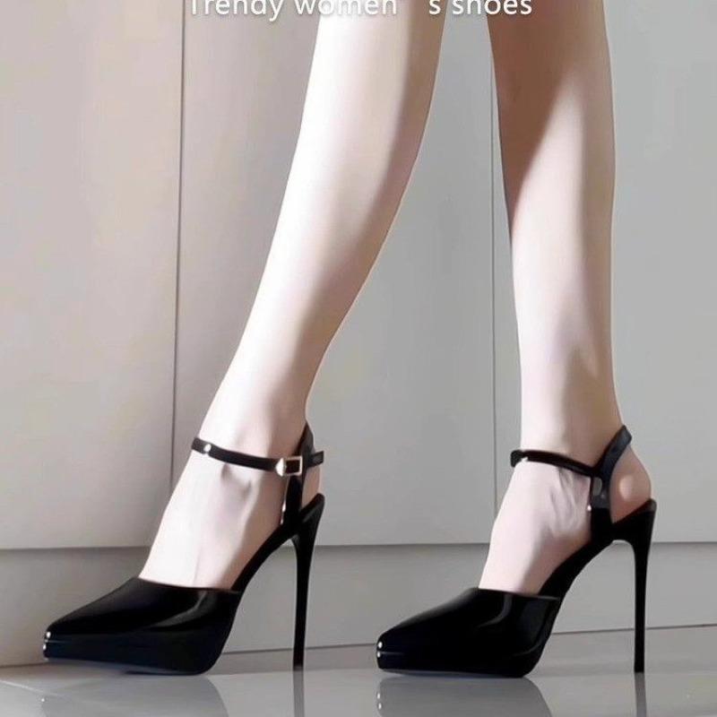 Women Pumps Sexy Stilettos Fashion Bowknot Pointed Toe Thin Ankle Strap Flock Ladies High Heels Female BLACK Wedding Shoes