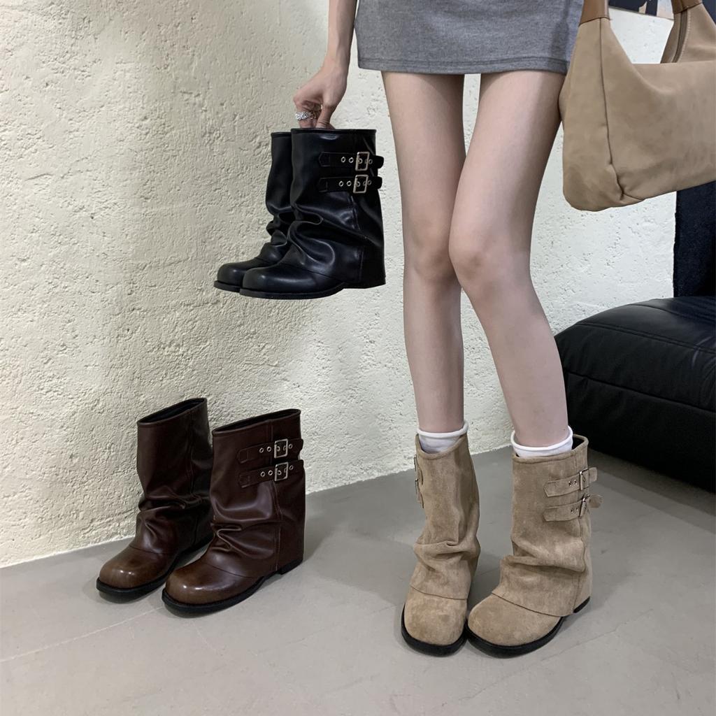 French Spice Girl Style Belt Buckle Thick Heel Trendy Pant Pants Boots Women's Autumn and Winter Fashion Versatile Fried Street Suede Pile Boots