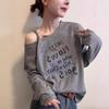 [Lazy Cotton 65 Cotton 35 Polyester] Slant Neck Off-the-shoulder Letter Printed T-shirt Loose and Versatile Long-sleeved Autumn Bottoming Shirt