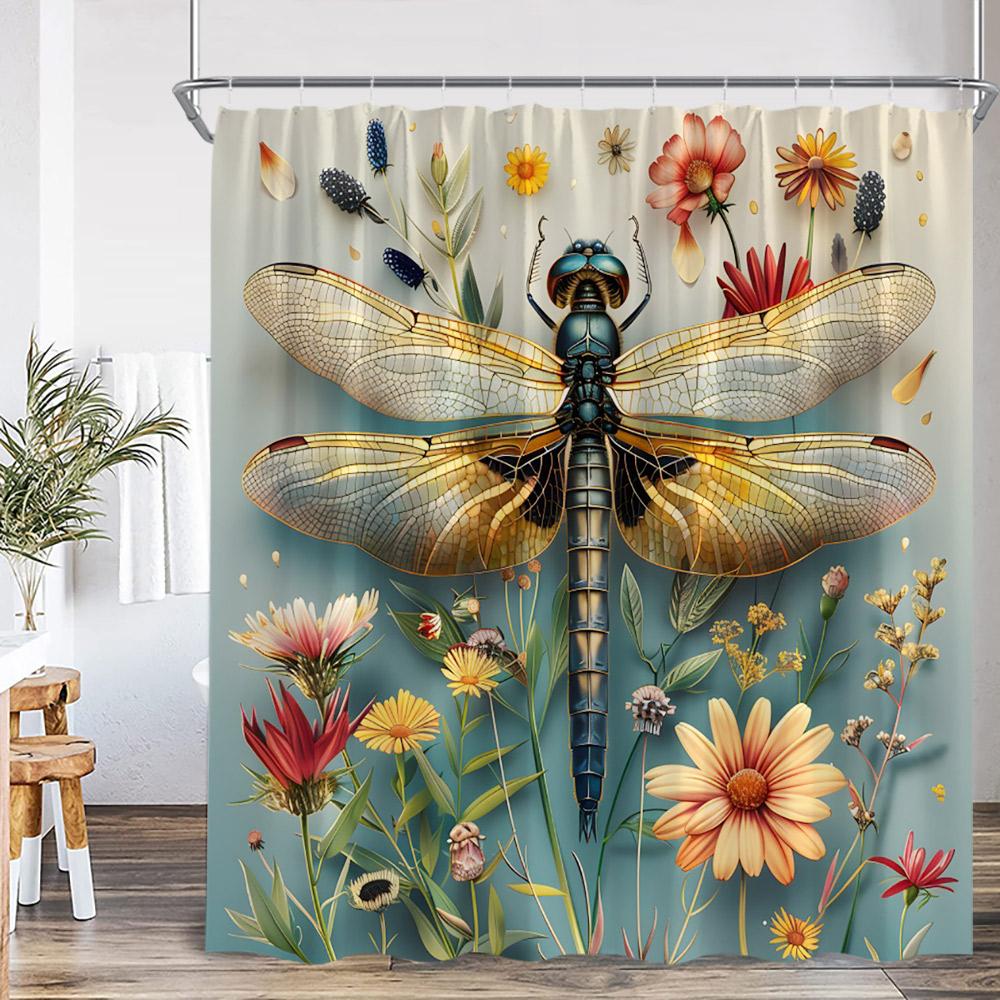 Vintage Dragonfly Shower Curtain Insect Plant Purple Flower Wistera Daisy Bathroom Decor Polyester Bathtub Curtain with Hooks