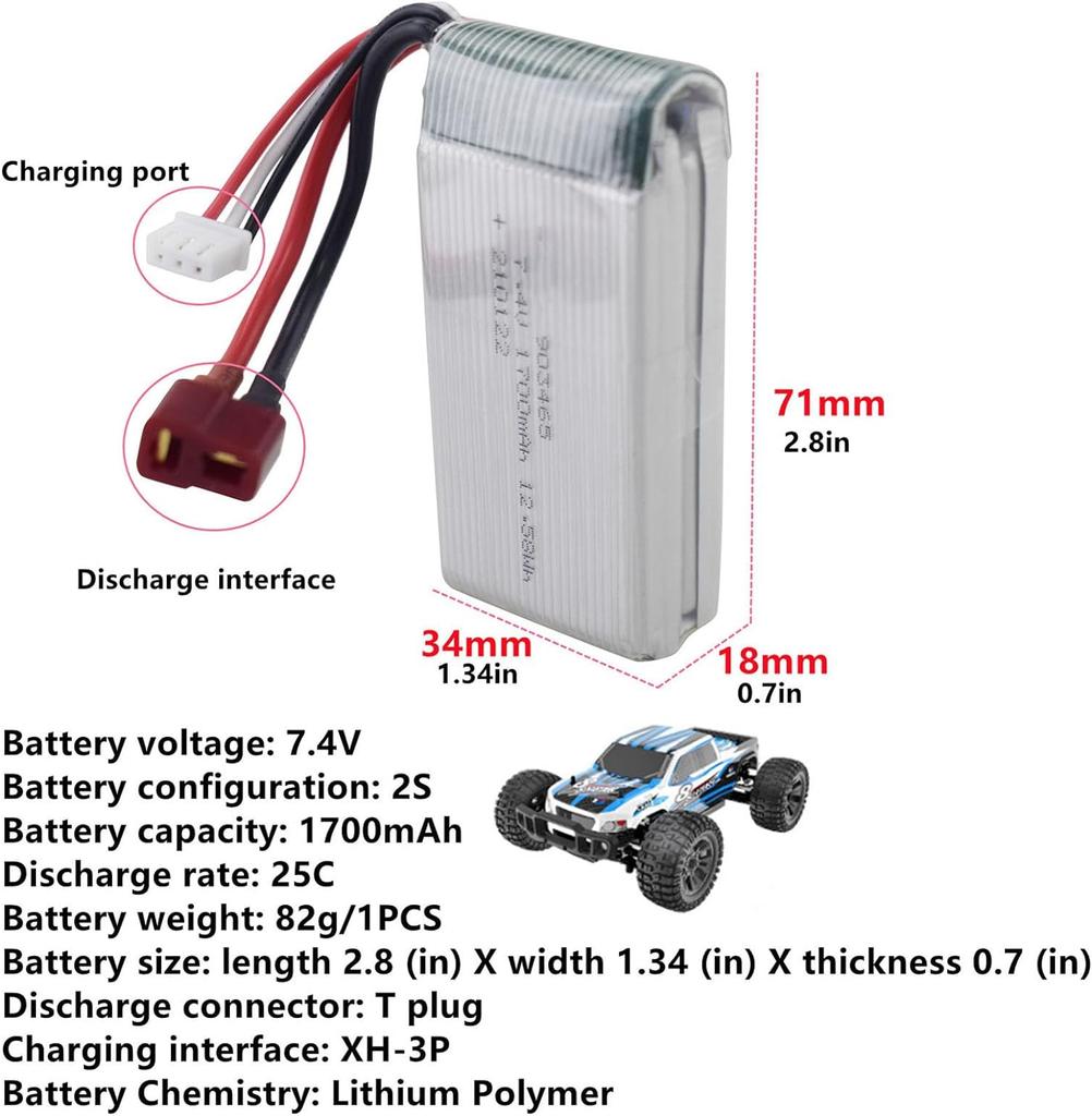 2 Stück 7,4V 1700mAh Lithium-Akku für RC-Autos – Kompatibel mit 9200/9200E und mehr – Hohe Leistung, sicher und langlebig – Silber