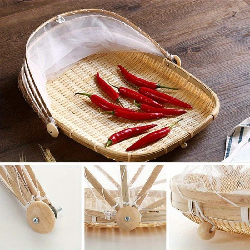 1 pcs hand-woven bamboo tent basket with mesh lid, dustproof household food storage basket for outdoor and indoor use