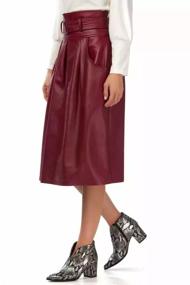 

Женская юбка из натуральной кожи ягненка бордового цвета с поясом и карманом для вечеринки 2XL бордовый