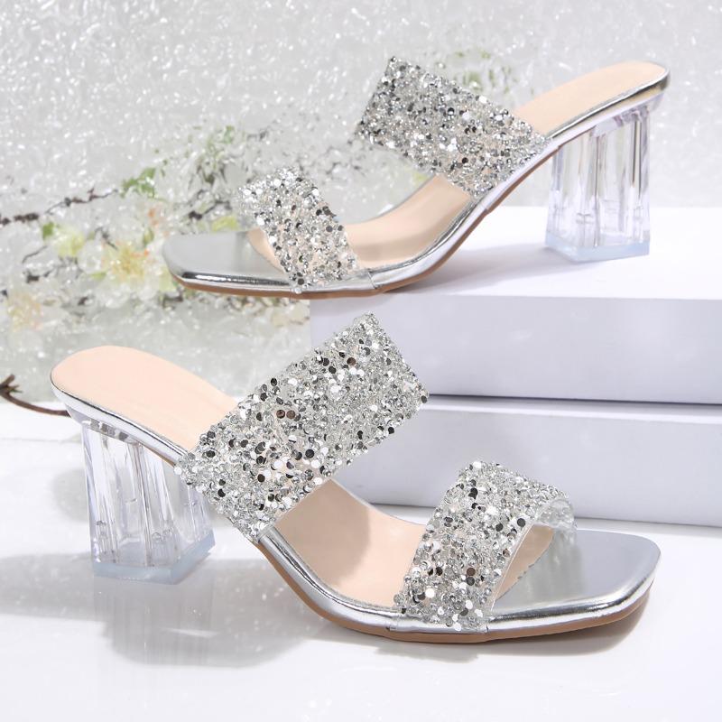 Crystal Sheer Strap Square Heel Slippers Women's Square Toe Open Toe Sequin Sequin Slip Strap Kitten Shoes