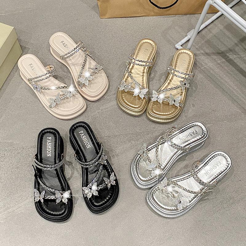 Rhinestone Bow Thick-bottomed Cool Slippers Women's 2025 Summer New Outer Wear Fashionable Versatile Slope Heel Muffin One-word Drag