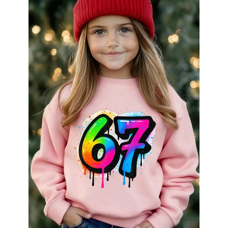Unisex Kids Black Crewneck Sweatshirt For 4-12 Boys Girls Rainbow Graffiti Drip Splatter Number 67 Print Soft Fleece Long Sleeve Pullover