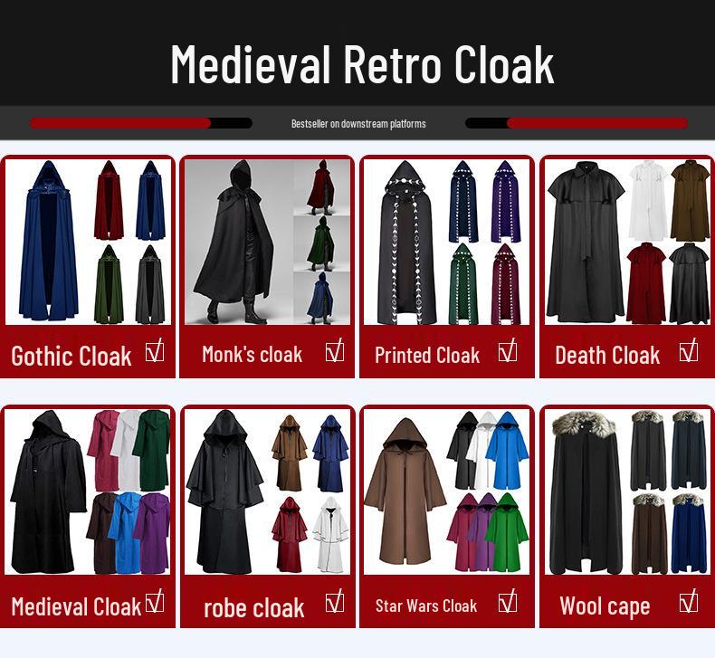 Plus Size Halloween Hooded Cloak - Medieval Renaissance Cape (5 Colors) for Cosplay and Performance