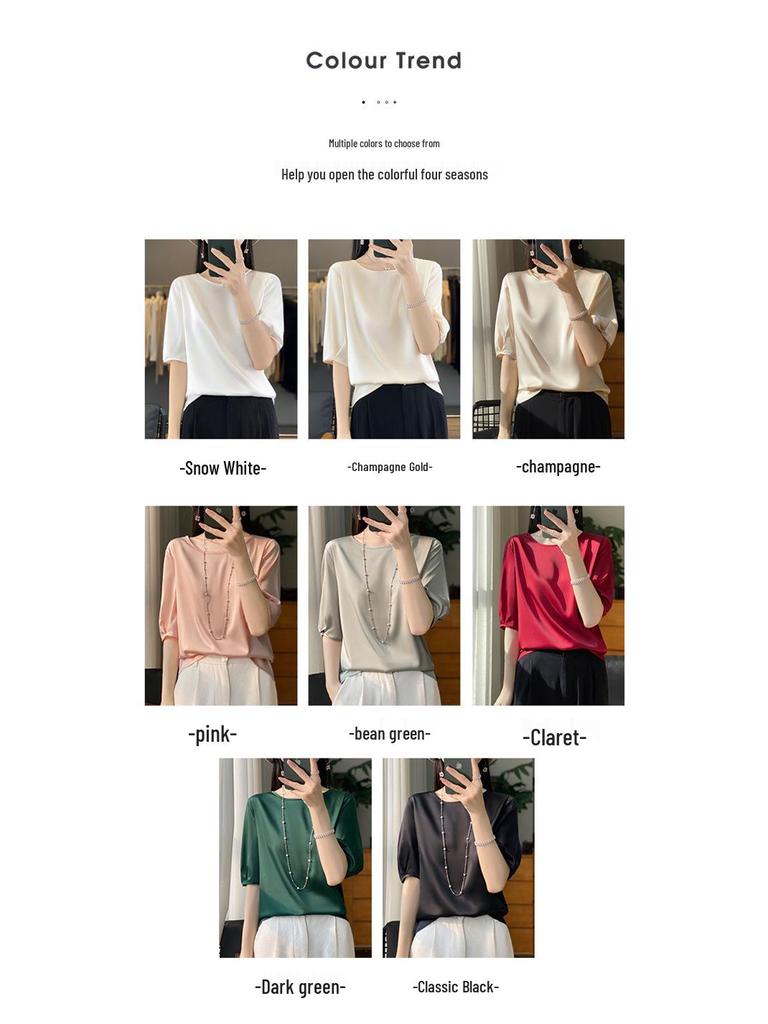 Satin Round Neck Half-Sleeve Loose T-Shirt for Women