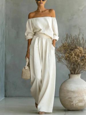 2026 European Casual Off-the-Shoulder Women's Two-Piece Wide-Leg Pants Suit