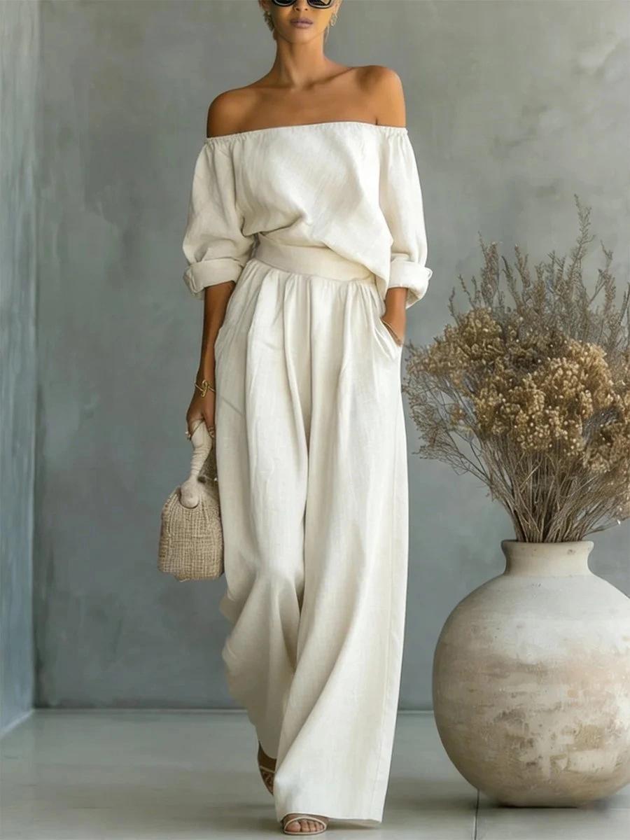 

2026 European Casual Off-the-Shoulder Women s Two-Piece Wide-Leg Pants Suit XXXXL слонова кістка/білий