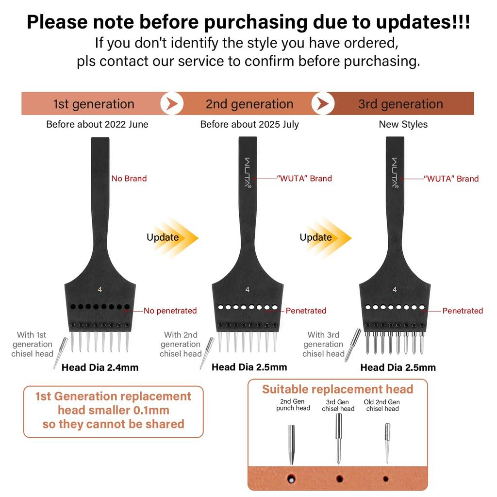 WUTA Detachable Round Hole Punch, Leather Craft Tool Set, Lace Stitching Round Hole Punch, European Hole Punch, 2nd Generation, 4mm (2+4+6)