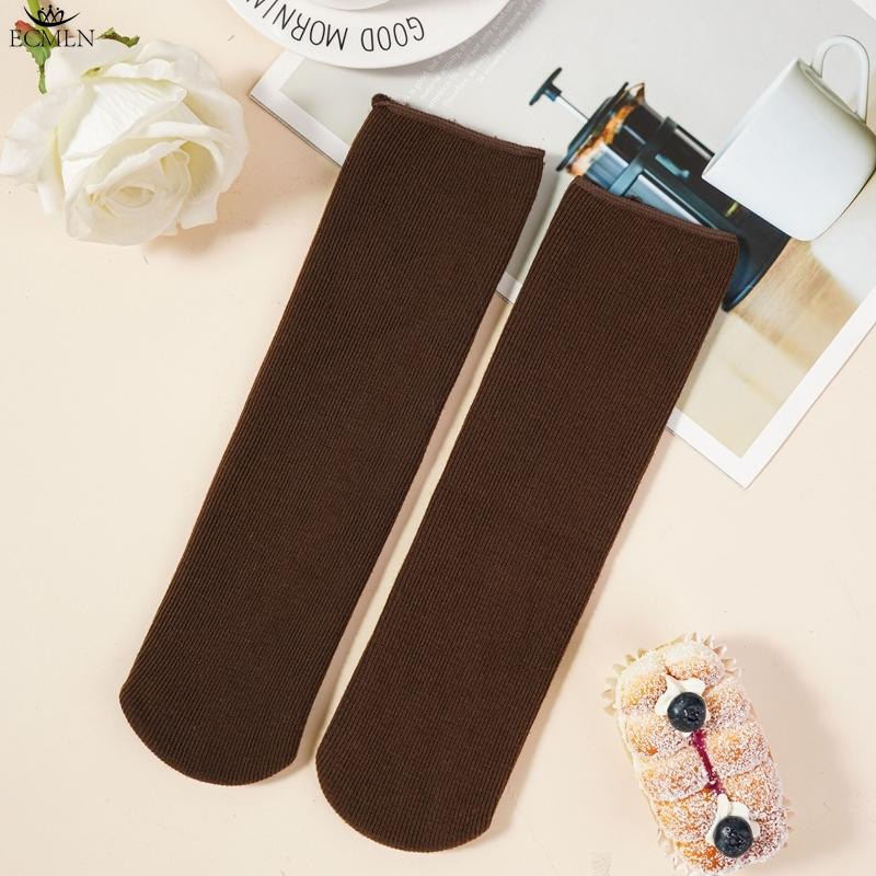 Șosete Groase de Iarnă cu Pluș Călduros Șosete de Bumbac Culoare Solidă pentru Femei Ton Pământiu Șosete Simple Medii