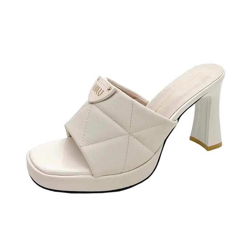 Damskie Pantofle na Wysokim Obcasie Kwadratowy Nosek Kwadratowy Obcas Obcas 9 cm Wysokie Buty Kobiety Sukienka Moda Eleganckie Lato Zapatillas De Mujer