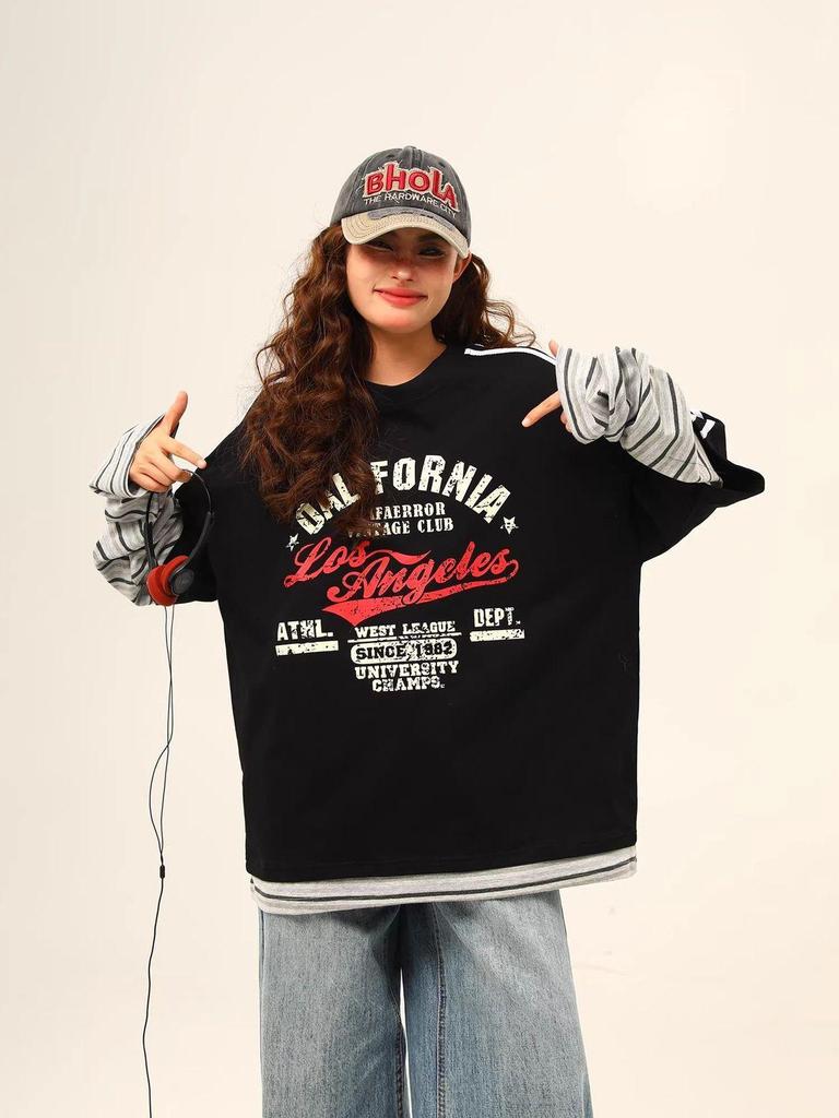 Women's Retro Patchwork Round Neck Long Sleeve Casual T-Shirt